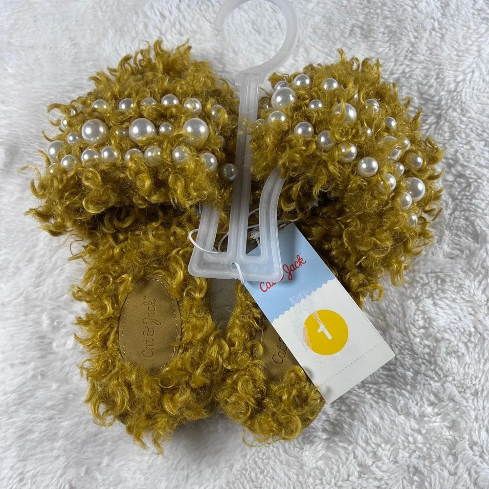 Cat Jack‎ Toddler Girls Bear Slippers Size 1 Gold Faux Fur Pearl Embellished NWT
